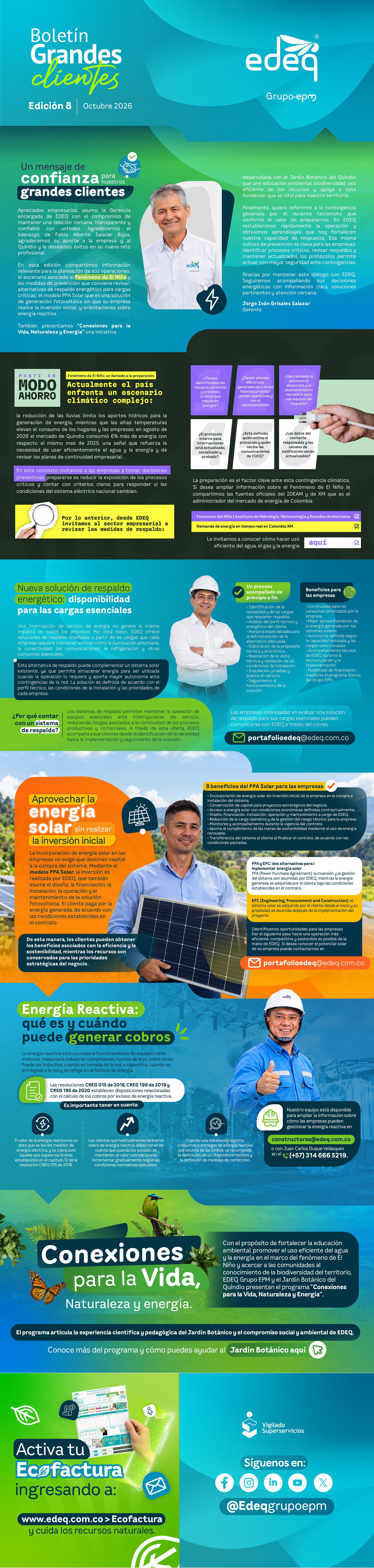 Boletín Grandes clientes, edición 8, octubre 2026, de EDEQ Grupo EPM: mensaje del gerente, Modo ahorro ante el Fenómeno de El Niño, respaldo energético para cargas esenciales, energía solar sin inversión inicial, energía reactiva, Conexiones para la Vida y Ecofactura.